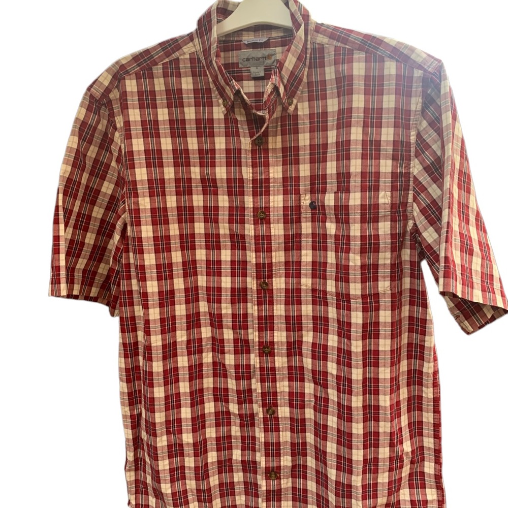 Carhartt Mens Short Sleeve Button Down Shirt Size Medium Red Plaid Relaxed Fit